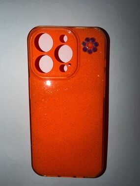Neon Orange shimmer iPhone 15 pro case with Rhinestone flower -SALE- 🔵 3 for $20